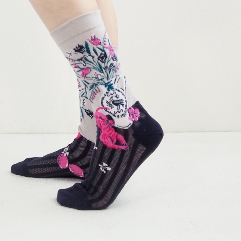 andeotte ハイゲージクルーソックスFLORAL LIFE/GY 【日本製】